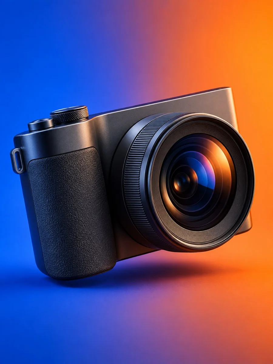 Graphite camera with a large lens on a vivid cobalt and orange background