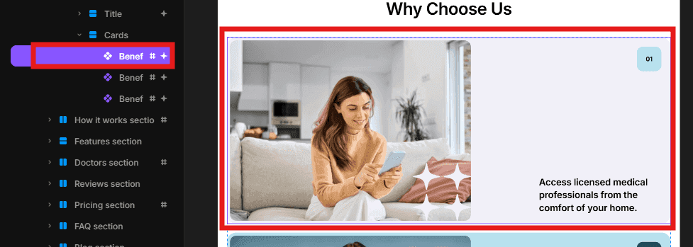 Selecting a benefit card in the Starmedica template