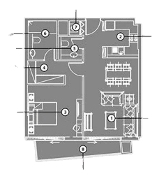 one-bedroom apartment floor plan for Azizi Mirage, detailing room arrangement and sizes.
