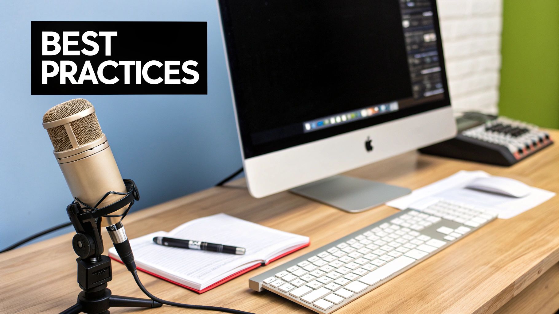 A person's hands at a clean desk with a high-quality microphone and keyboard, representing a professional recording setup.