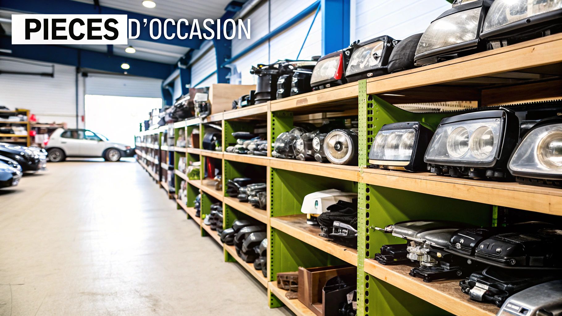 Intérieur d'un entrepôt de pièces automobiles d'occasion avec des étagères remplies de phares de voitures et des véhicules en arrière-plan.