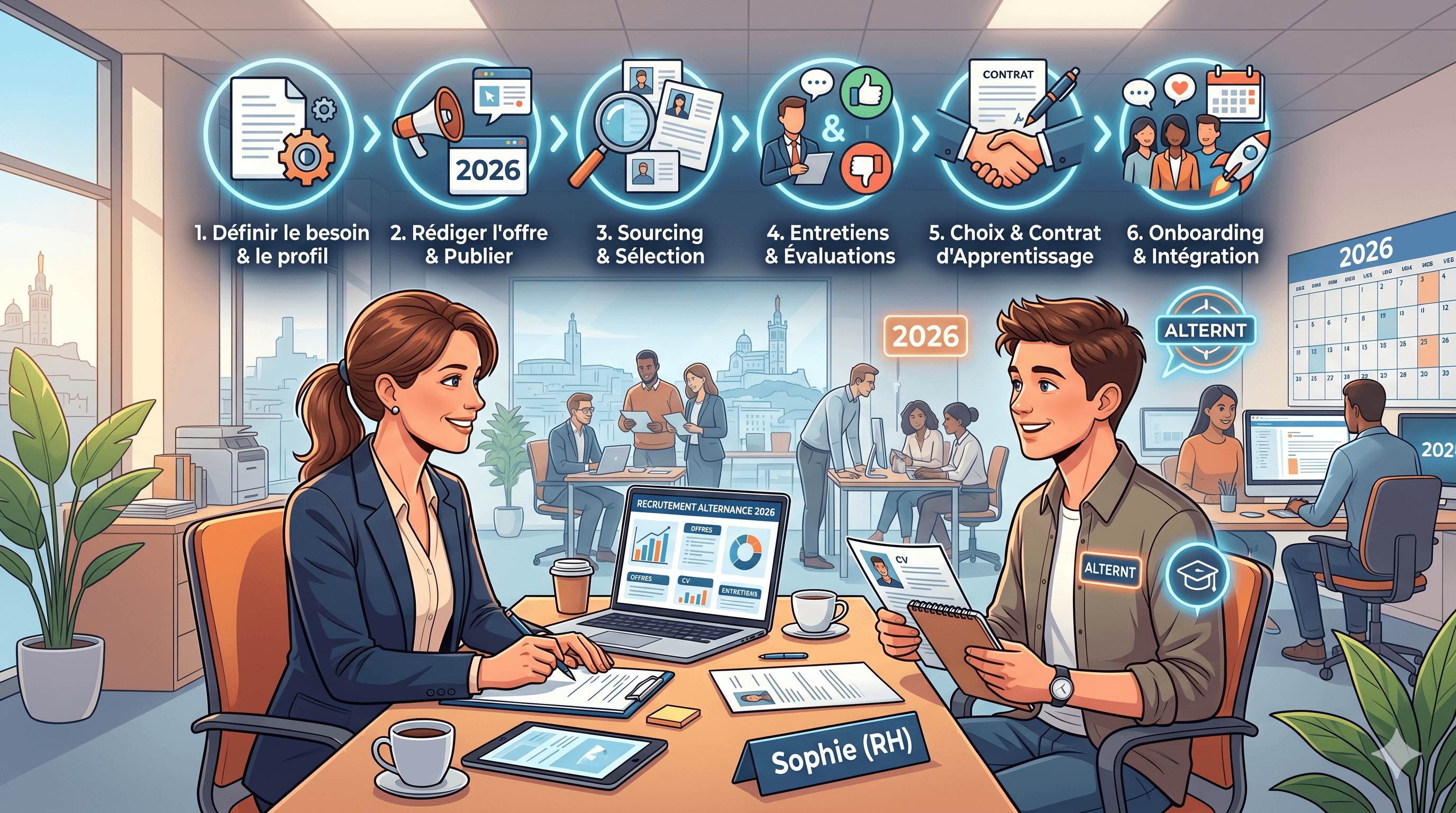 Infographie illustrant les 6 étapes clés du recrutement d'un alternant en 2026. Dans un bureau moderne, une responsable RH nommée Sophie échange avec un candidat. En haut, une frise chronologique détaille le processus : 1. Définir le besoin, 2. Rédiger et publier l'offre, 3. Sourcing et sélection, 4. Entretiens et évaluations, 5. Choix et contrat d'apprentissage, 6. Onboarding et intégration.