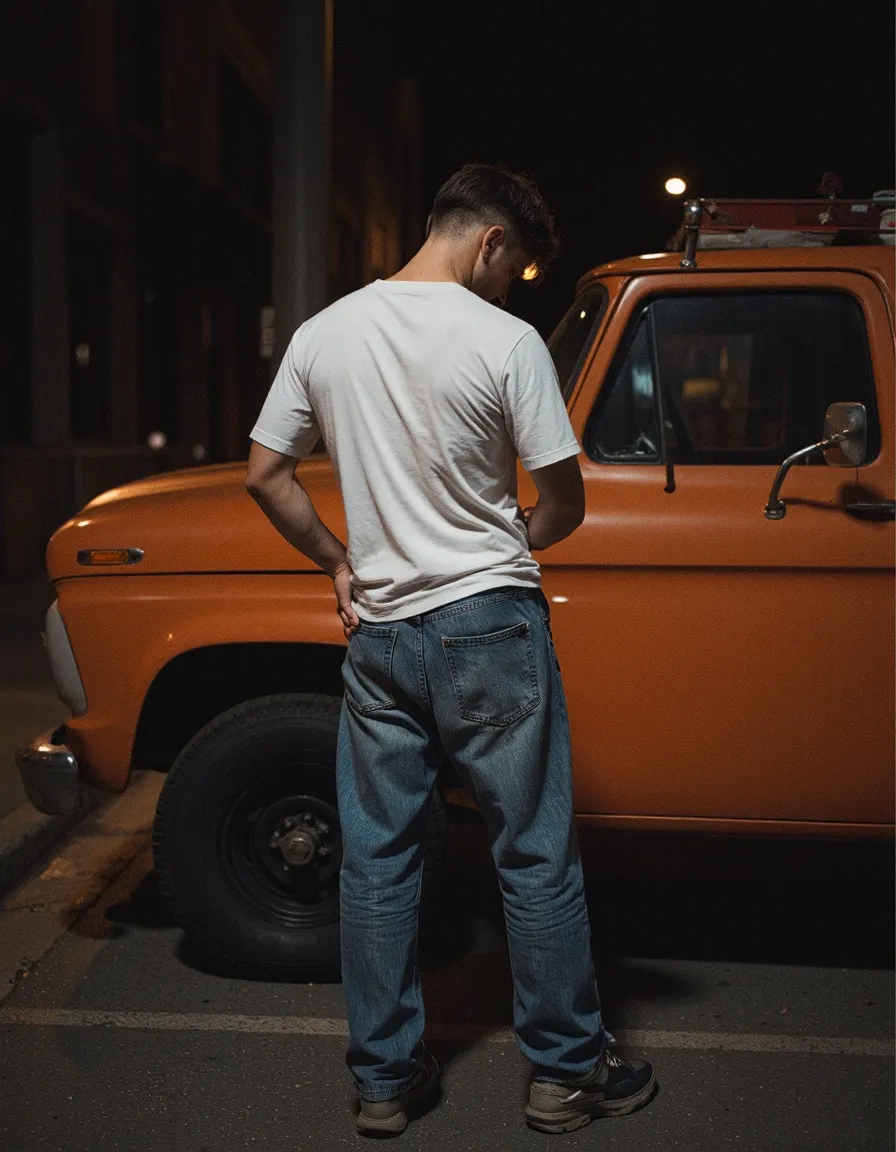 Person in white t-shirt and jeans standing beside a vintage orange truck on a dimly lit city street at night