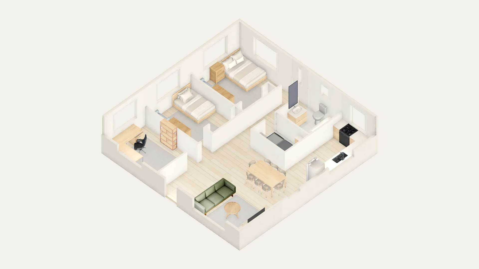 Isometric 3D view of the home with the custom sofa in the living room