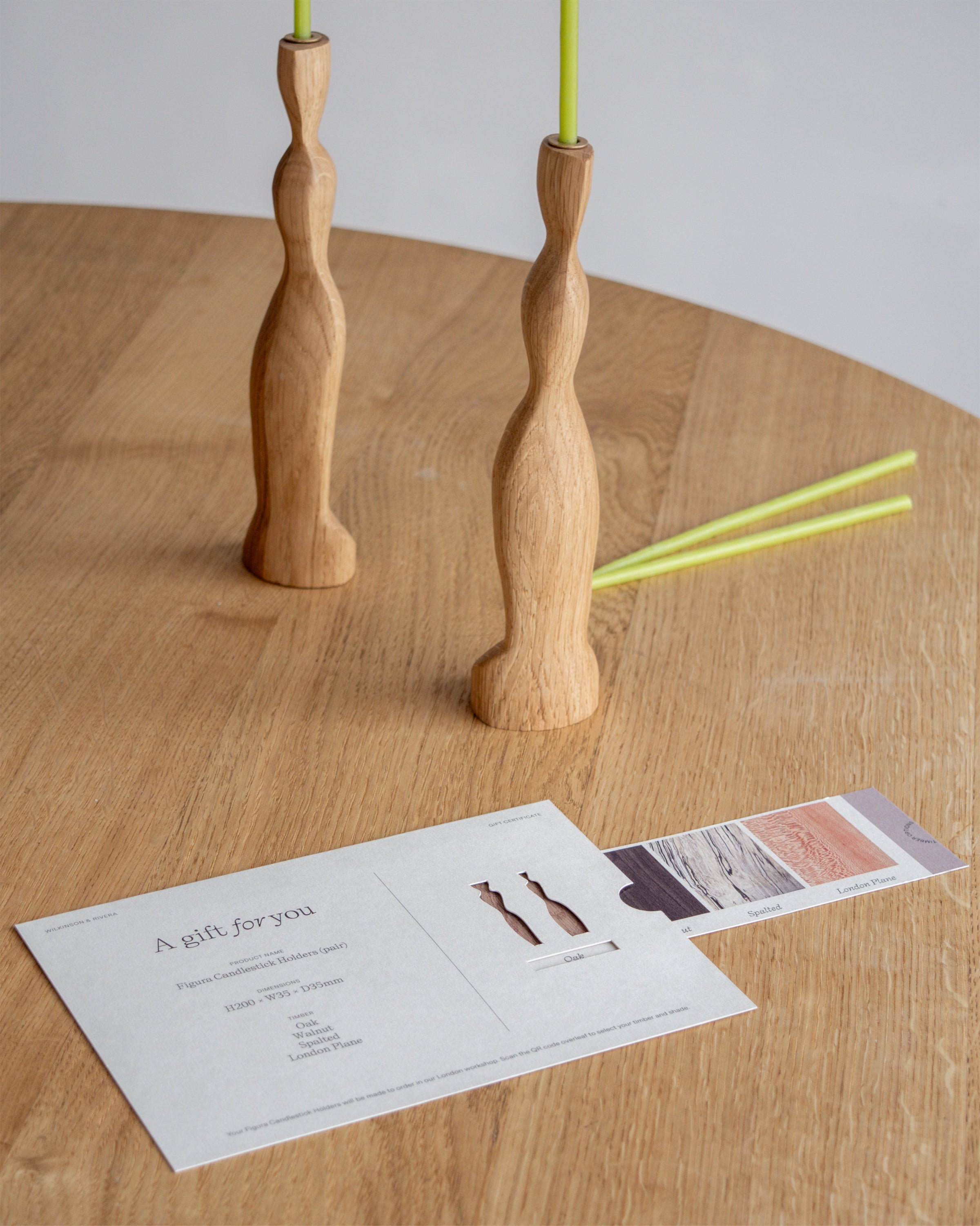 Figura Candlestick Holders in Oak with matching Wilkinson & Rivera gift card.