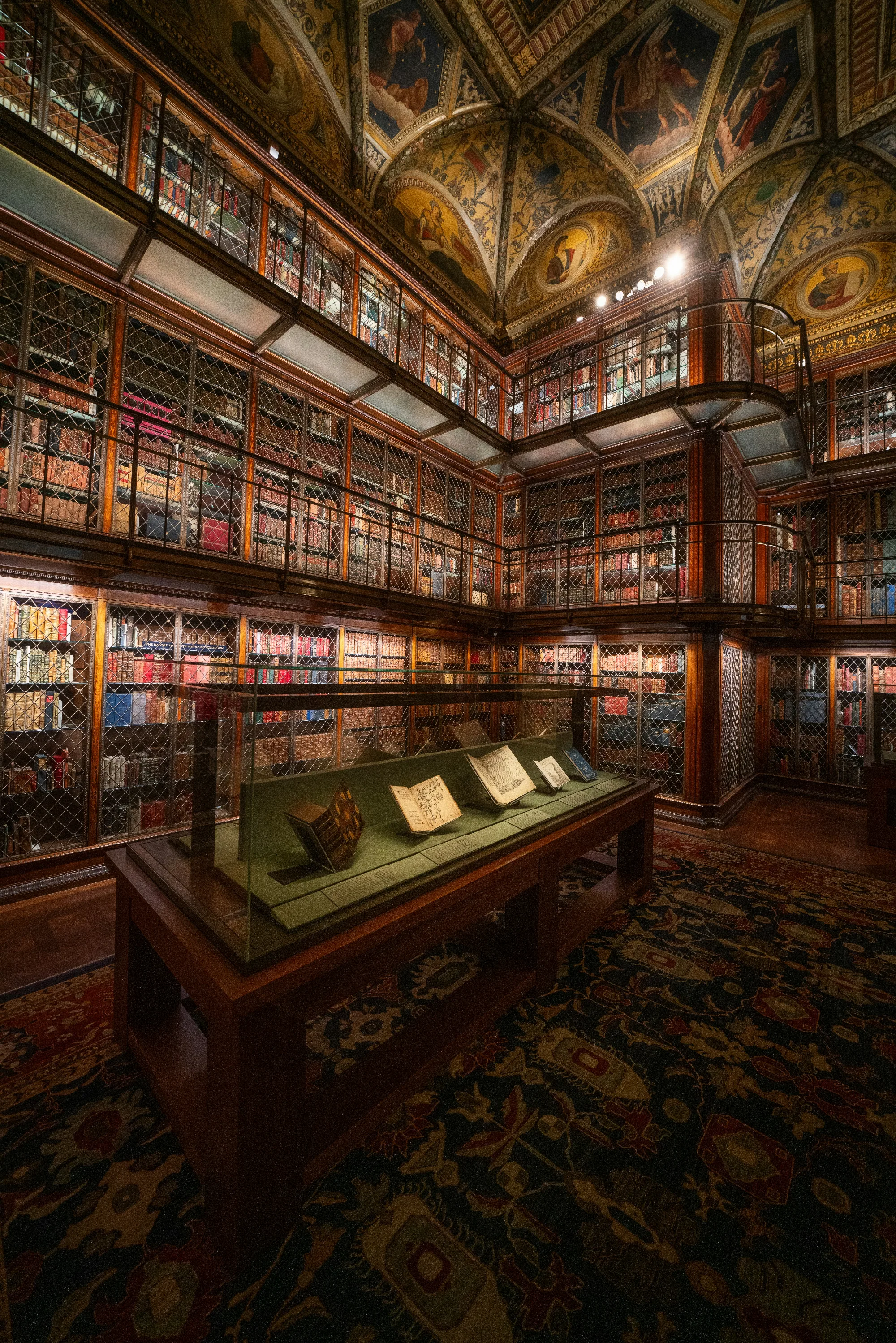 Grand library with ornate ceiling, floor-to-ceiling bookshelves, and display case of antique books.