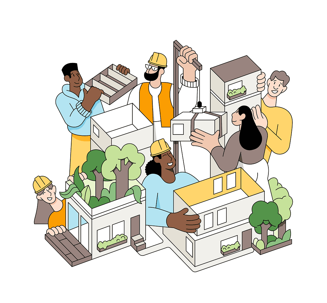 Illustration of a diverse team of construction workers building infrastructure within a city