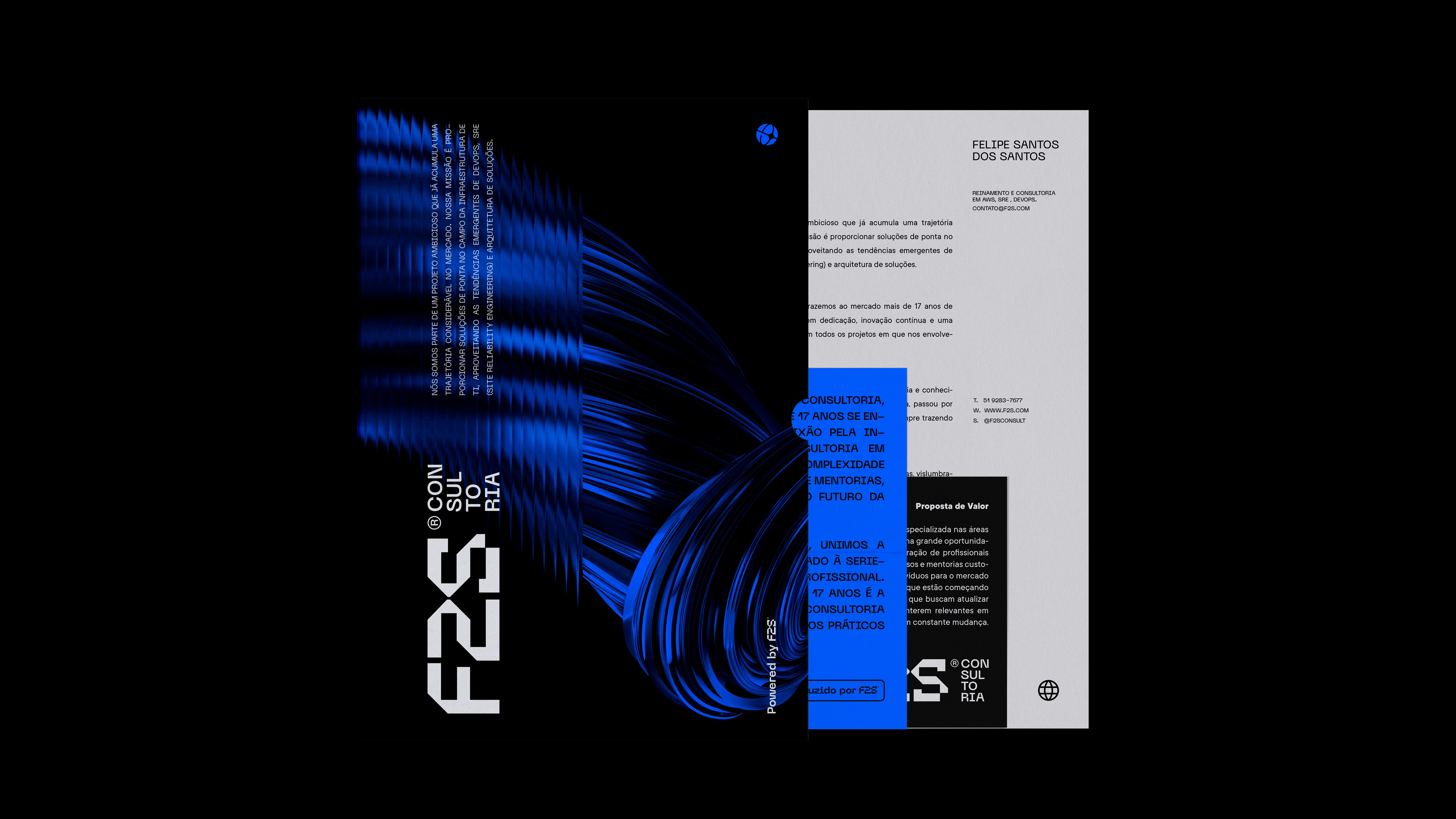 A papelaria corporativa foi desenvolvida para refletir a seriedade e precisão técnica da F2S Consultoria. A estrutura modular, as margens controladas e o uso criterioso do azul institucional reforçam o caráter profissional e premium da marca.