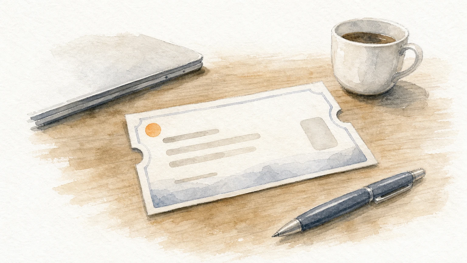 A paper voucher rests on a wooden counter beside a pen, a closed laptop, and a coffee cup.