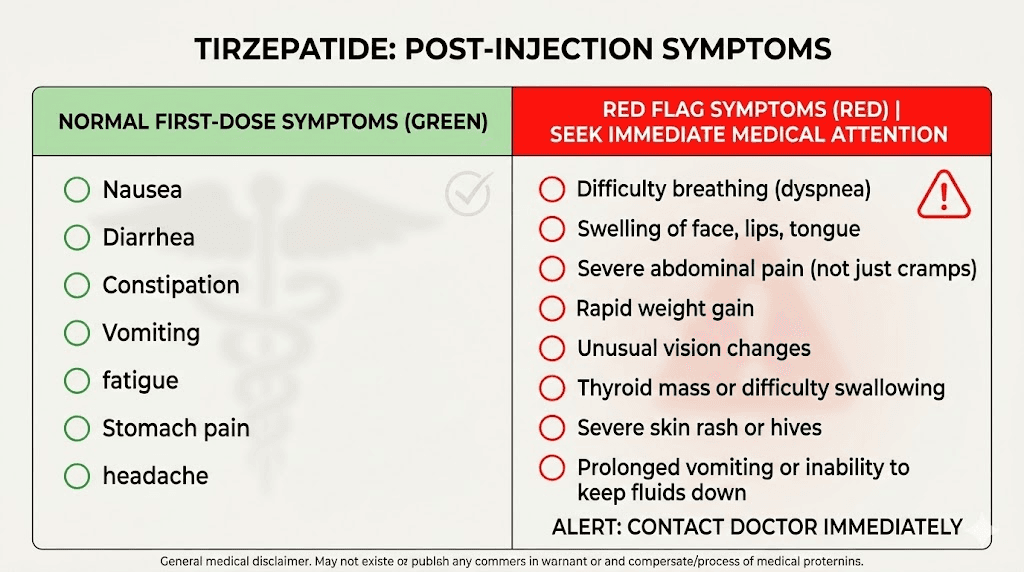 Tirzepatide first dose normal symptoms versus red flag warning signs comparison