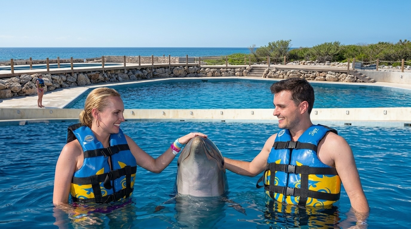 Couple in life vests petting a dolphin in a pool.