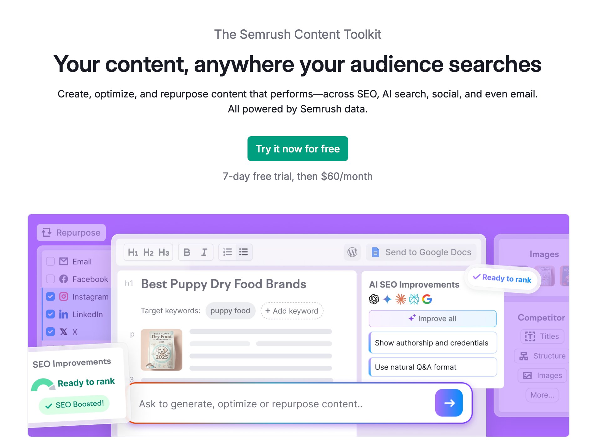 Semrush Content Toolkit interface showcasing AI SEO, content repurposing, and optimization features for various platforms.