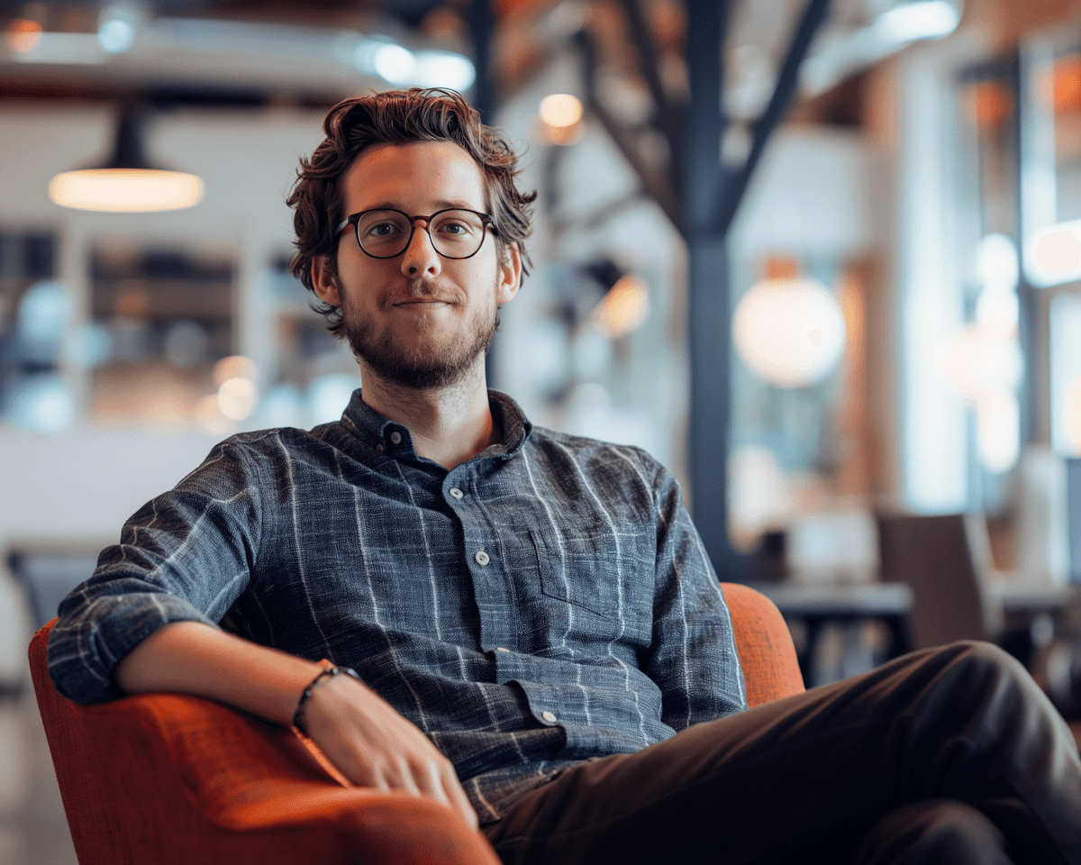 A man wearing glasses is seated on an orange chair, looking thoughtfully to the side.