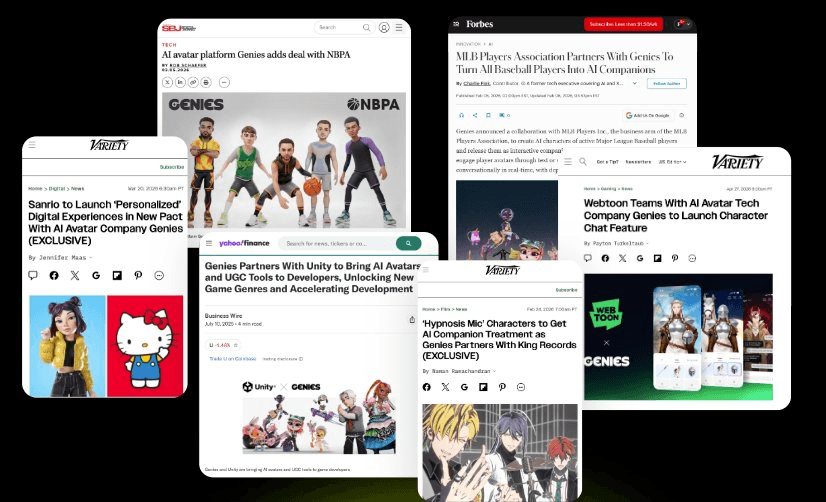 Press coverage of Genies partnerships across Variety, Forbes, Yahoo Finance, SBJ, and Business Wire