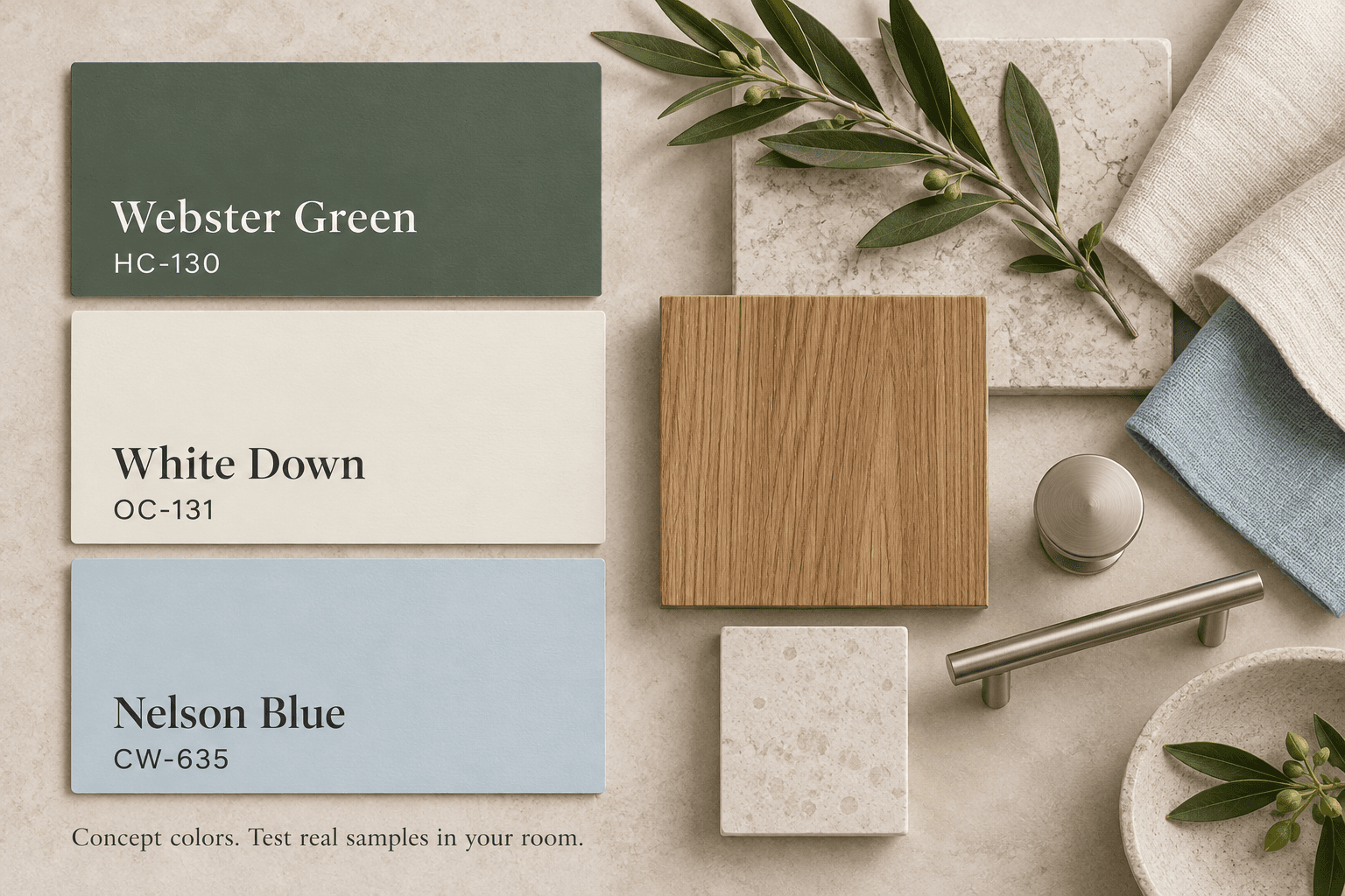 Concept palette board labeled Webster Green HC-130, White Down OC-131 and Nelson Blue CW-635, alongside illustrative material samples.