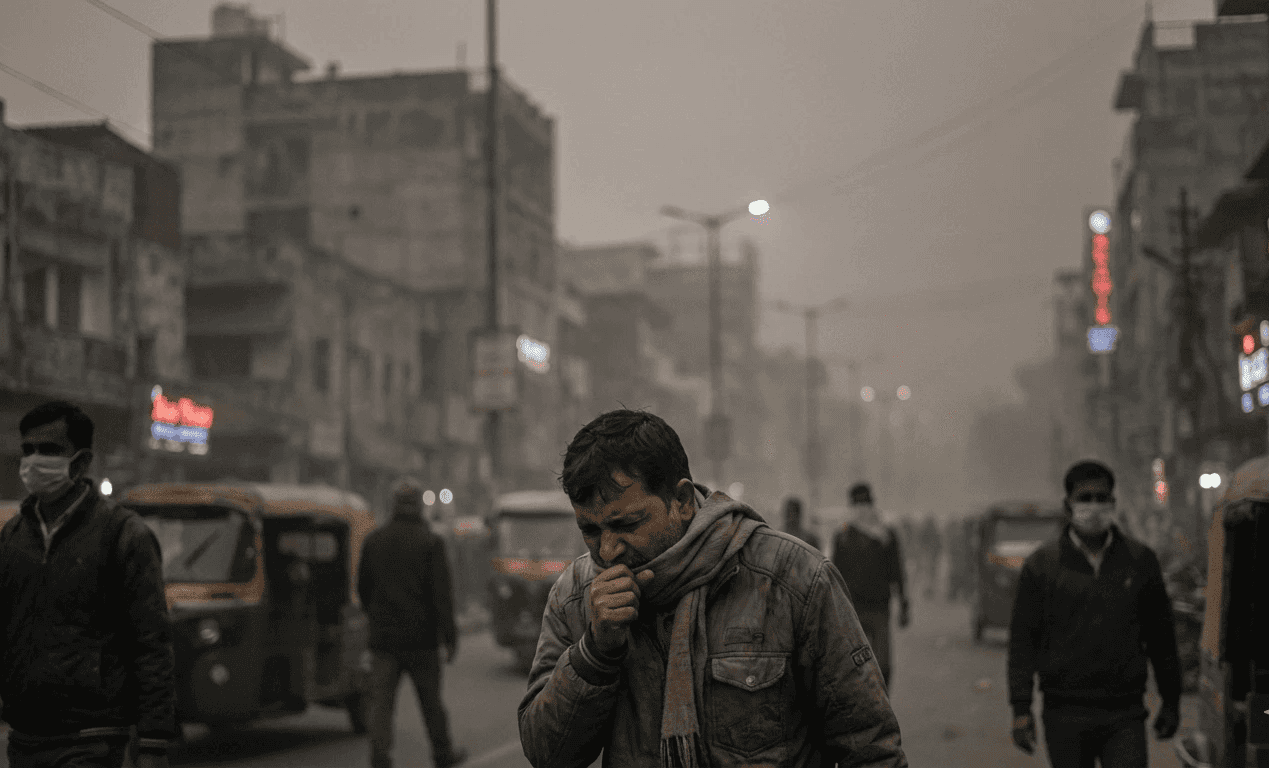 Urban air pollution with pedestrians wearing masks and coughing on a smog-filled city street.