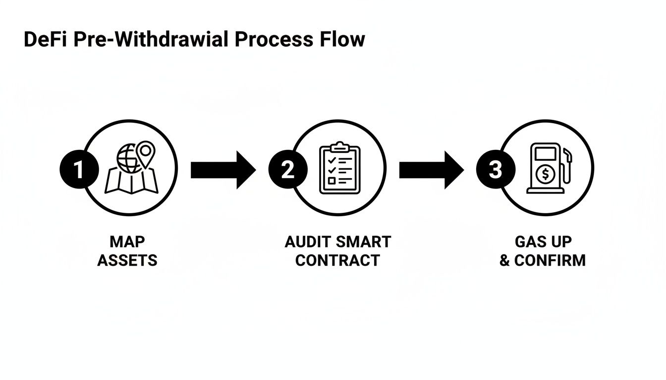 A three-step DeFi pre-withdrawal process flow for mapping assets, auditing smart contracts, and confirming with gas fees.