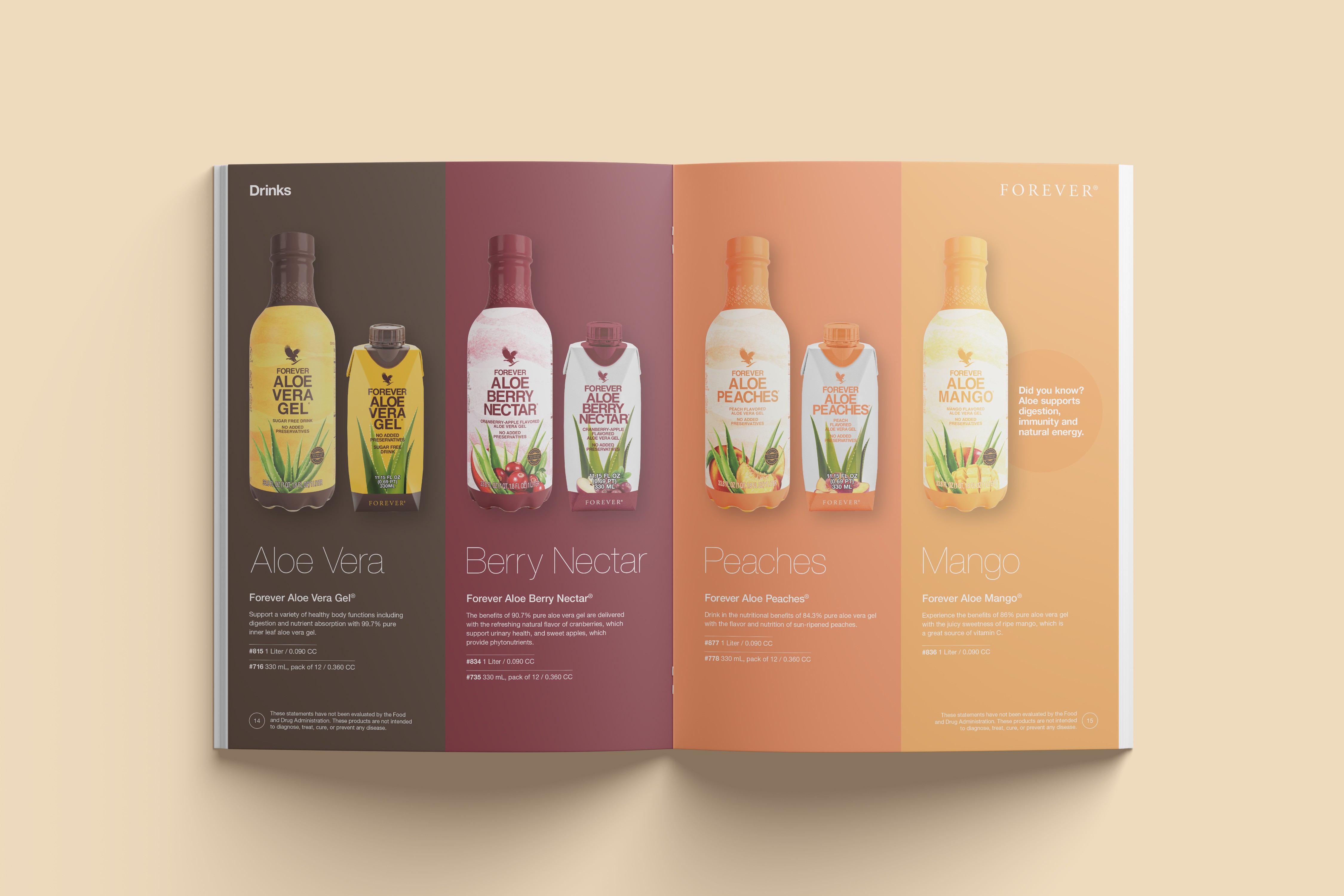 Double-page product brochure design for Forever Living, showcasing the Aloe Vera drinks range with colour-coded layouts.