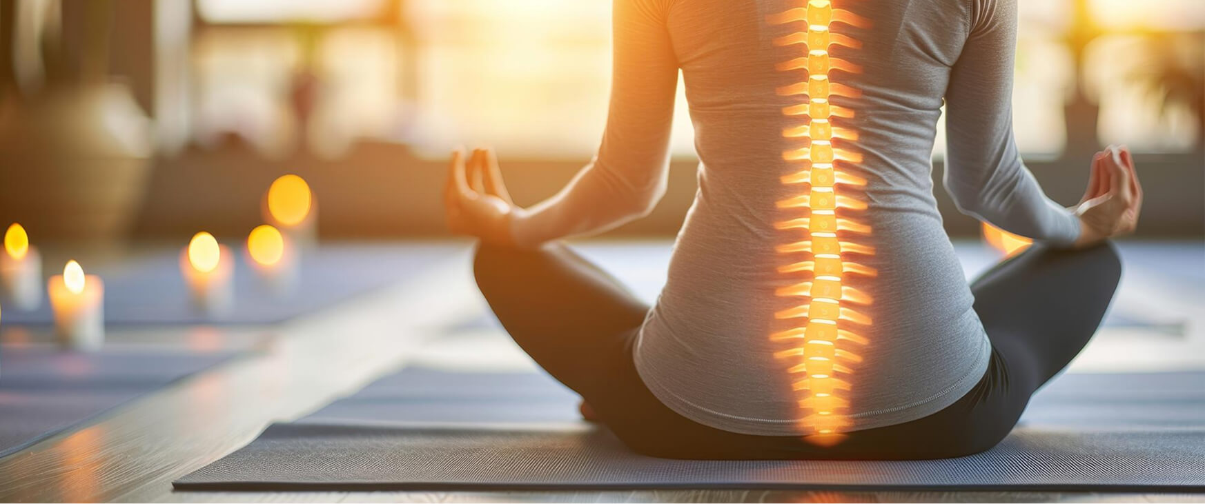 A person is seated in a cross-legged position on a yoga mat, surrounded by glowing candles, with a highlighted illustration of the spine overlaying their back, symbolizing spinal flow therapy.