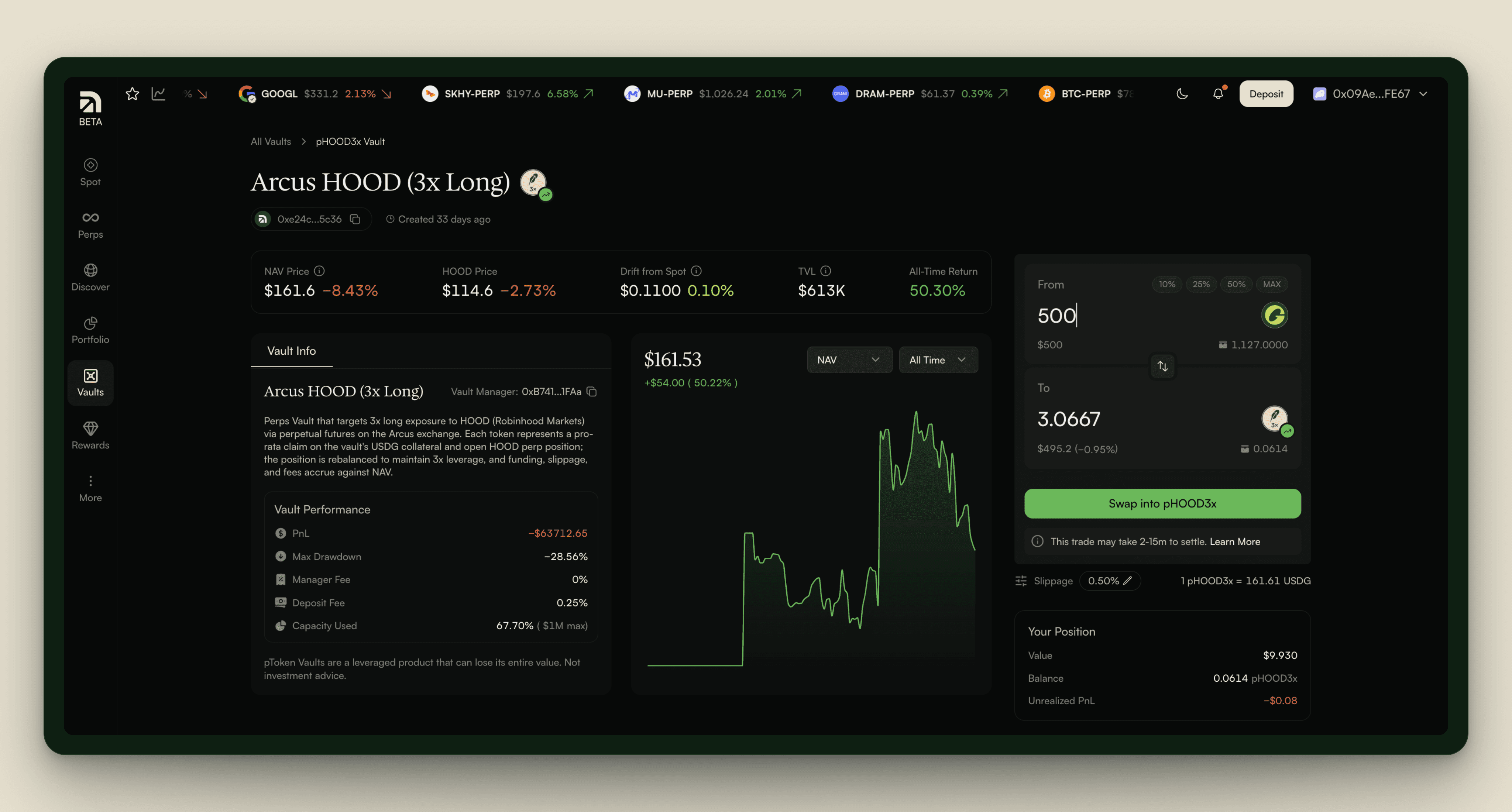 Arcus BTC 3x Long vault screen showing NAV, performance, swap and position details