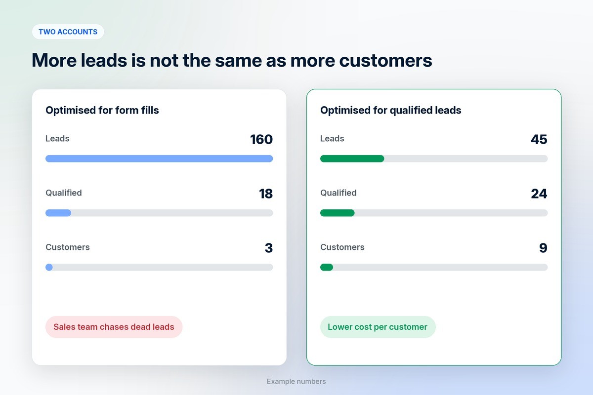 Funnel comparing an account optimised for form fills, with many leads and few customers, against one optimised for qualified leads, with fewer leads and more customers