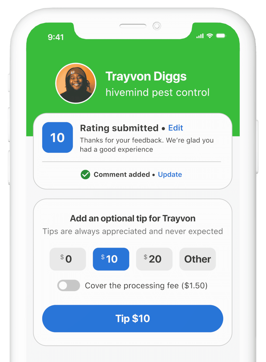 Applause app displaying a submitted rating and optional tipping feature for a pest control employee, with preset and custom tip options.