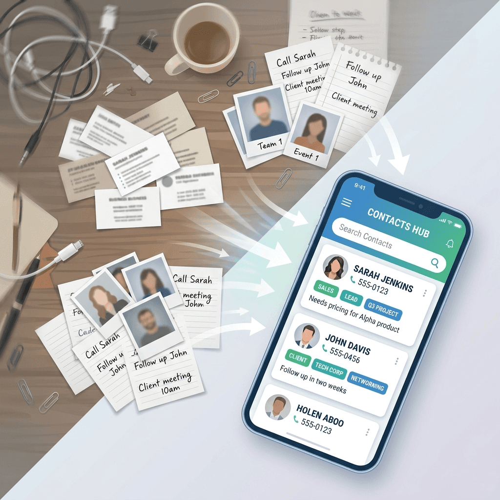 Disorganized business cards and notes compared to structured digital contact management
