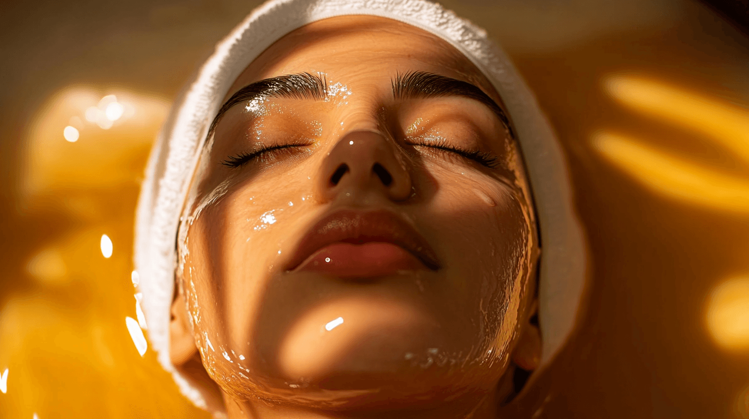 A woman lying down with a towel wrapped around her head, her face glowing with facial oil. She has a peaceful expression, enjoying a skincare treatment.