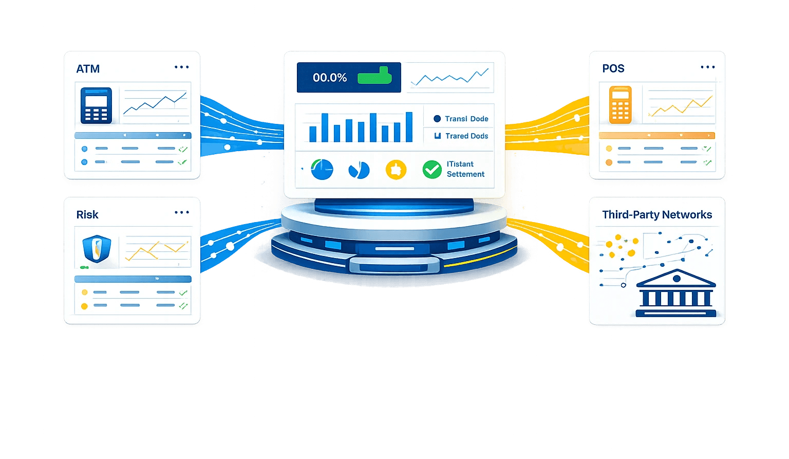 Ilustrasi real‑time payment monitoring & instant settlement platform. Di tengah terdapat dashboard transaksi terpusat di atas podium yang menampilkan status 99.9% availability, grafik batang volume transaksi, tren waktu, dan indikator Instant Settlement. Dari sisi kiri, modul ATM dan Risk mengalirkan data melalui jalur biru (menunjukkan transaksi dan pemantauan risiko). Dari sisi kanan, modul POS dan Third‑Party Networks terhubung melalui jalur oranye (integrasi merchant dan jaringan eksternal). Ikon grafik, status centang, dan alur data berwarna menggambarkan pemrosesan pembayaran multi‑channel, pemantauan risiko, dan settlement instan secara terintegrasi dan real‑time.