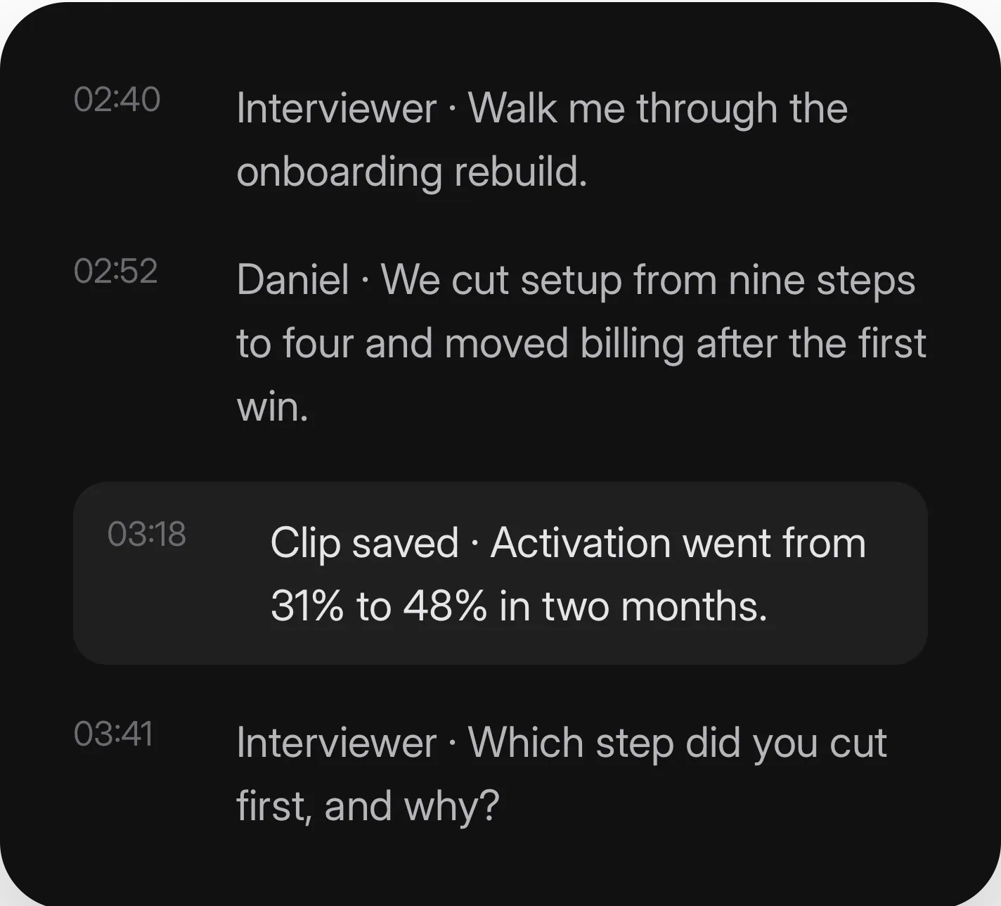 Timestamped interview transcript with a saved clip