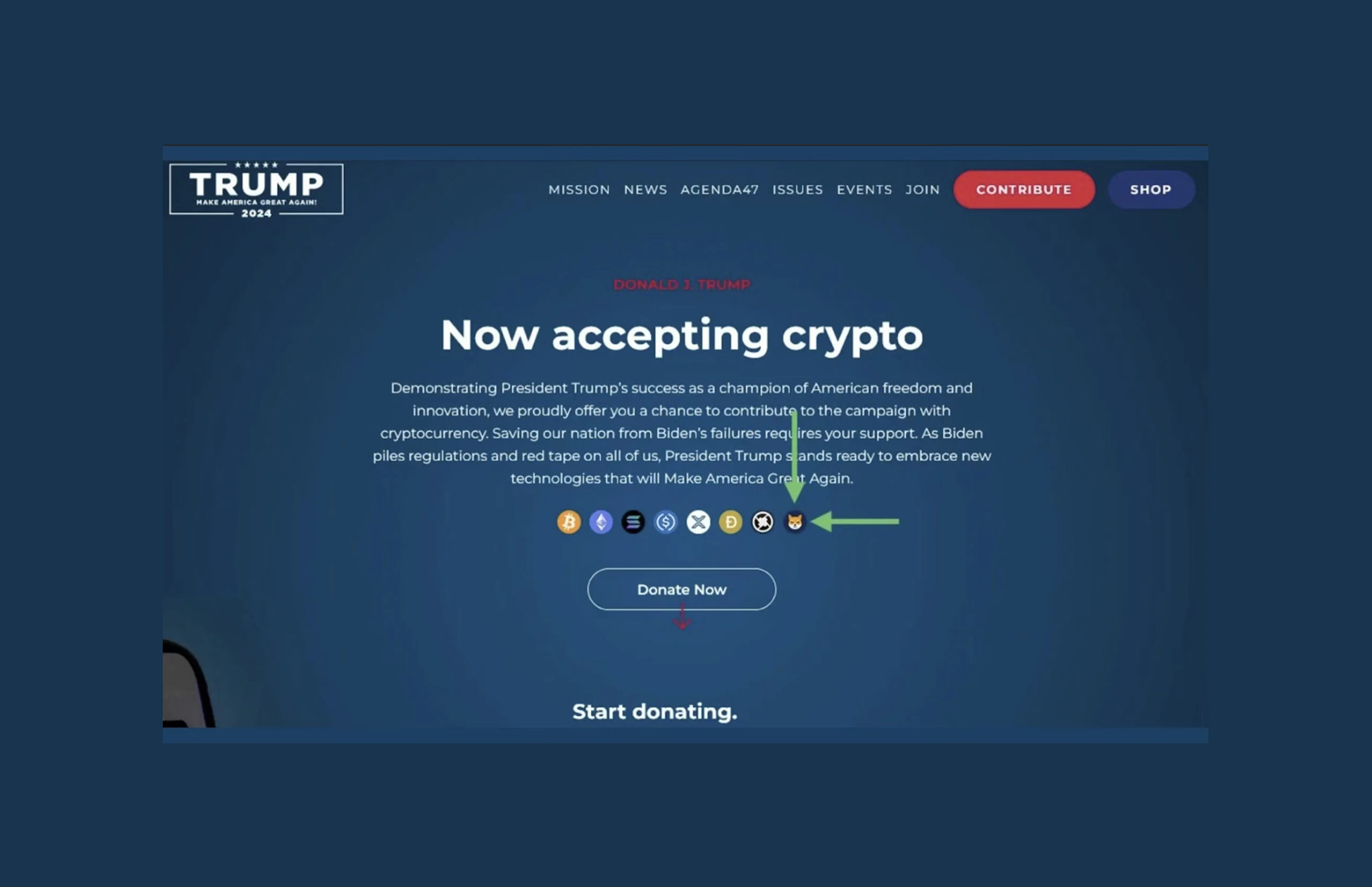 SHIB listed on Trump 2024 donation page