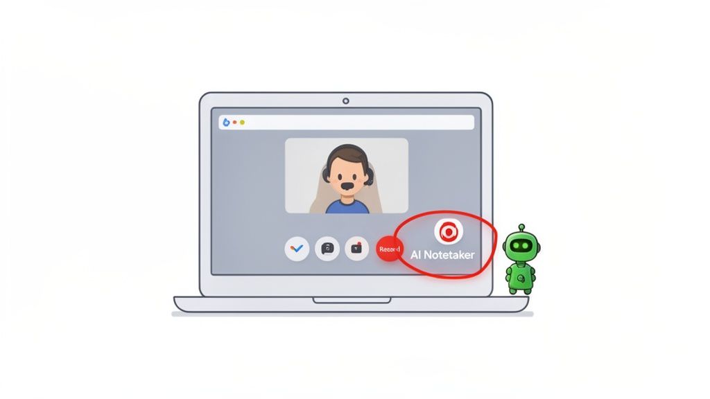 A laptop screen displaying a video call, highlighting an 'AI Notetaker' button and a green robot.