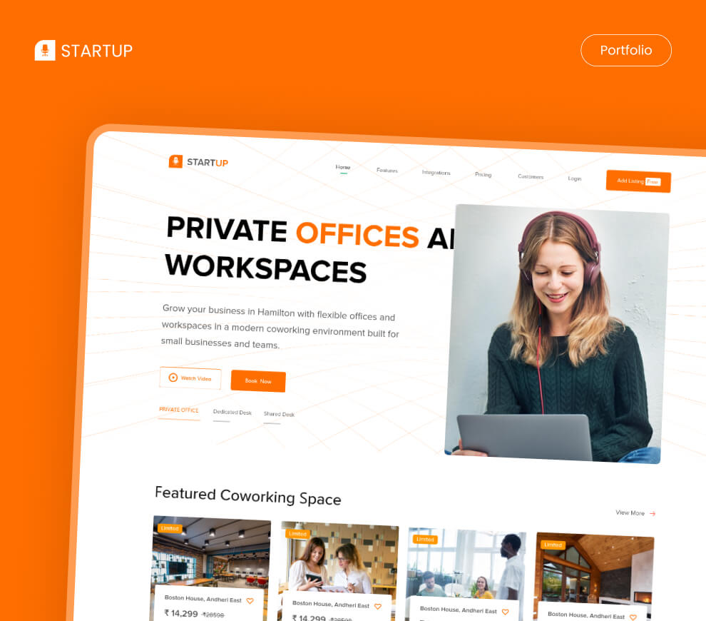 UI design template for an app that helps users find and book co-working spaces