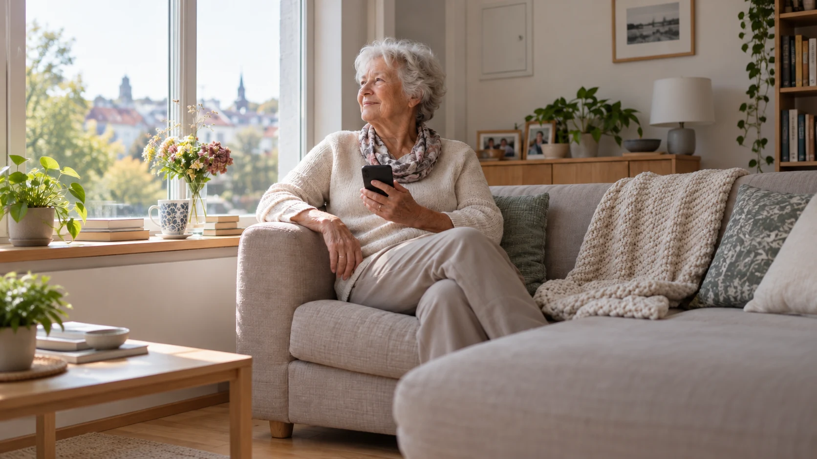 Seniorin sitzt entspannt im Sessel ihrer Wohnung und hält ein Smartphone
