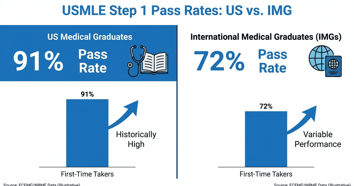 Cover: USMLE Step 1 Pass Rate Statistics 2025: Complete Data by IMG, USMG, First-Timers and Repeaters
