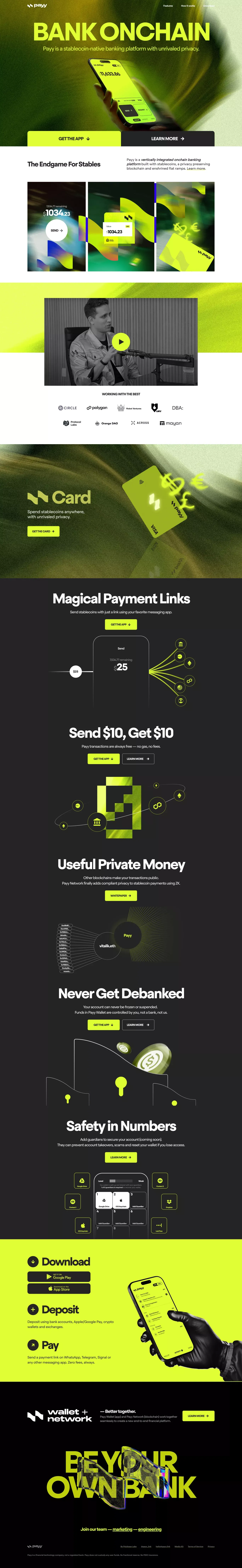 Payy -&nbsp;Bank onchain with stablecoins landing page screenshot showcasing Finance and NFT / Crypto / Web3 design
