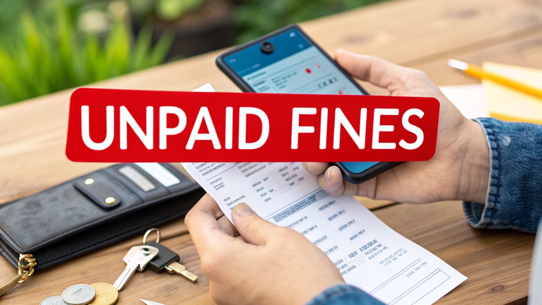 Hands reviewing a bill and smartphone, with 'UNPAID FINES' banner, wallet, keys, and coins on a table.