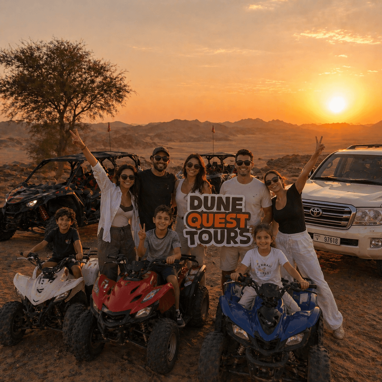 A couple enjoying a private sunset moment with Dune Quest Tours, a highlight of their luxury Desert Safari 2026 in Dubai