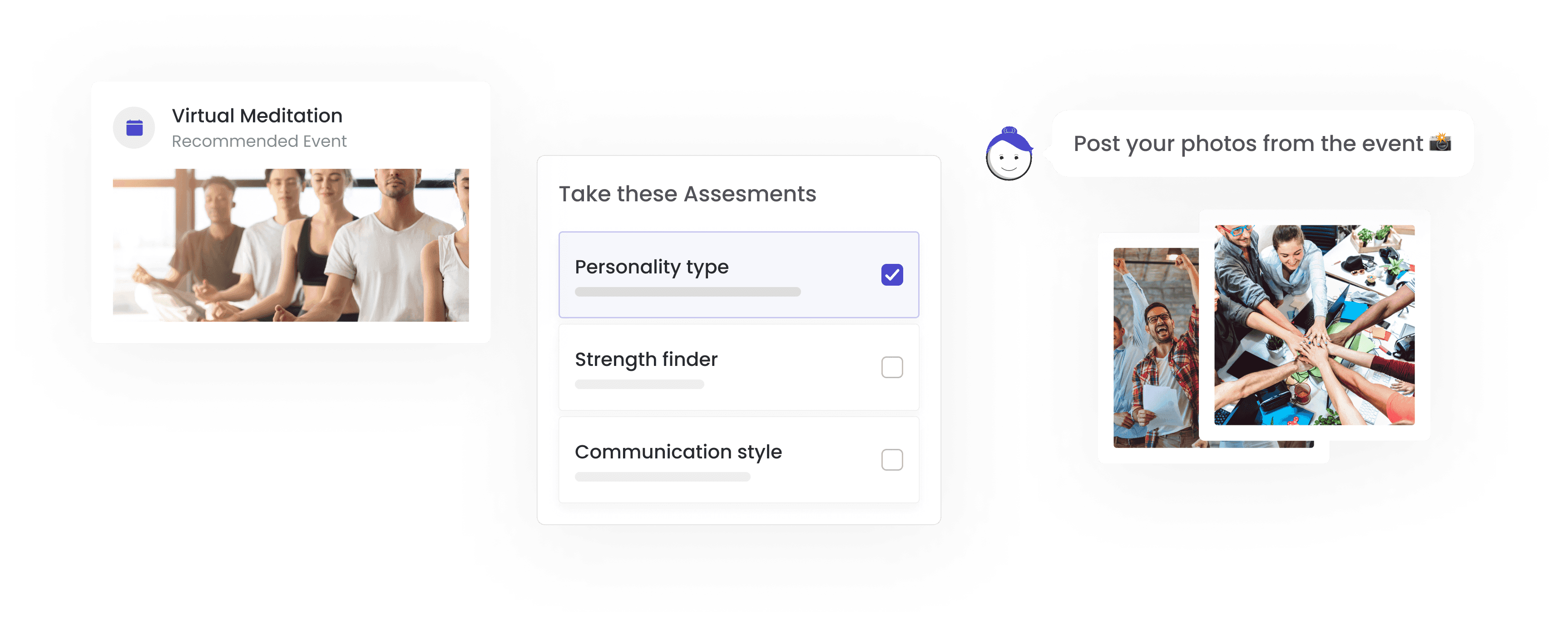Widgets highlighting virtual meditation events, employee assessments such as personality type and communication style, and a space for employees to share photos from events, showcasing interactive engagement opportunities.
