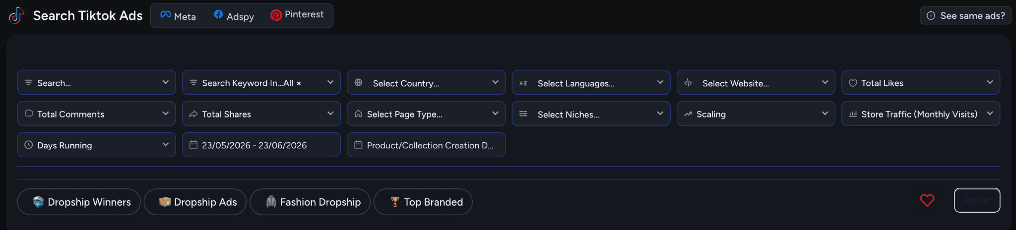 TikTok Ads search tool with filters for niches, scaling, and store traffic