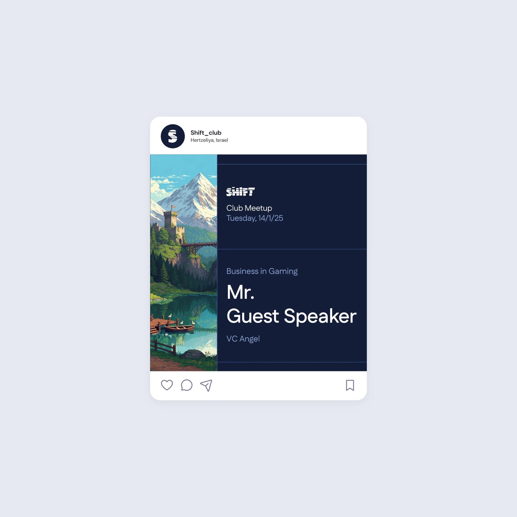 Shift Instagram post for a club meetup, "Business in Gaming", next to a pixel-art castle