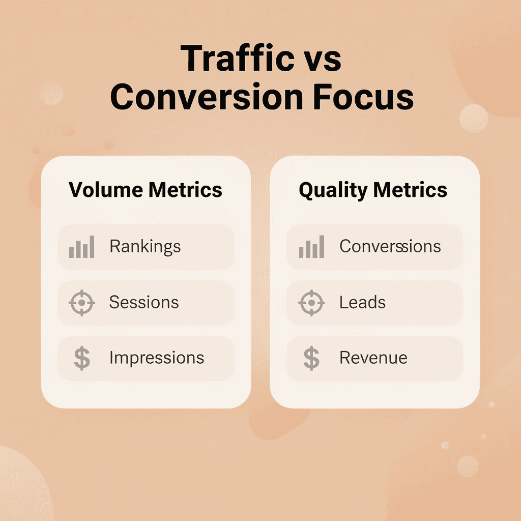 Comparison between volume-focused and conversion-focused SEO metrics -  SaaS SEO