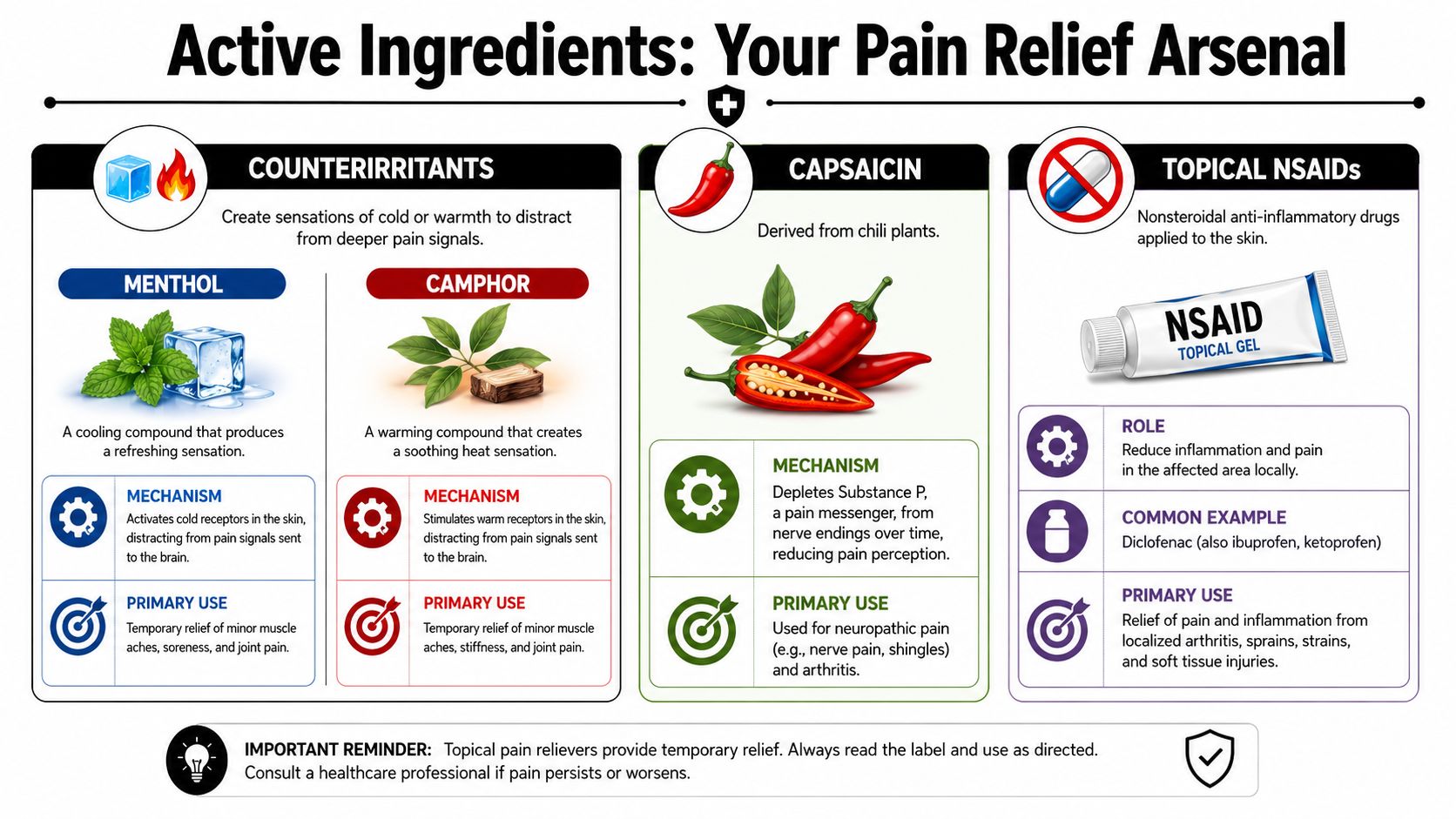 An infographic detailing active ingredients for pain relief, including counterirritants, capsaicin, and topical NSAIDs with mechanisms and uses.