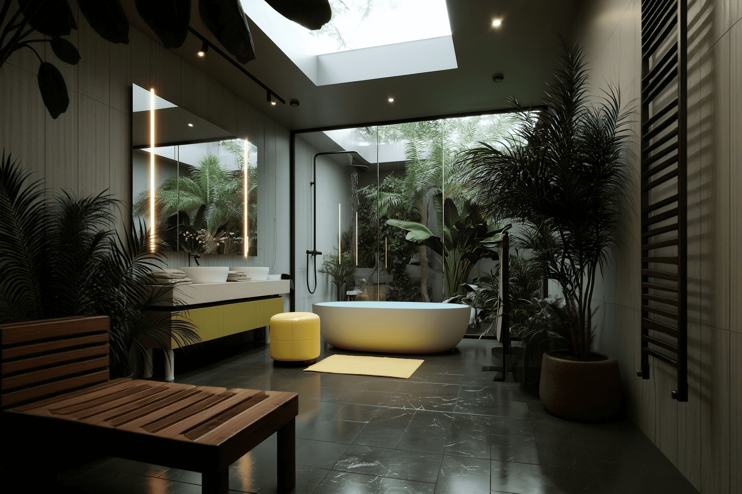Modern bathroom with rustic cabinetry, sleek black countertop, and minimalist decor. Features a large mirror and natural lighting.