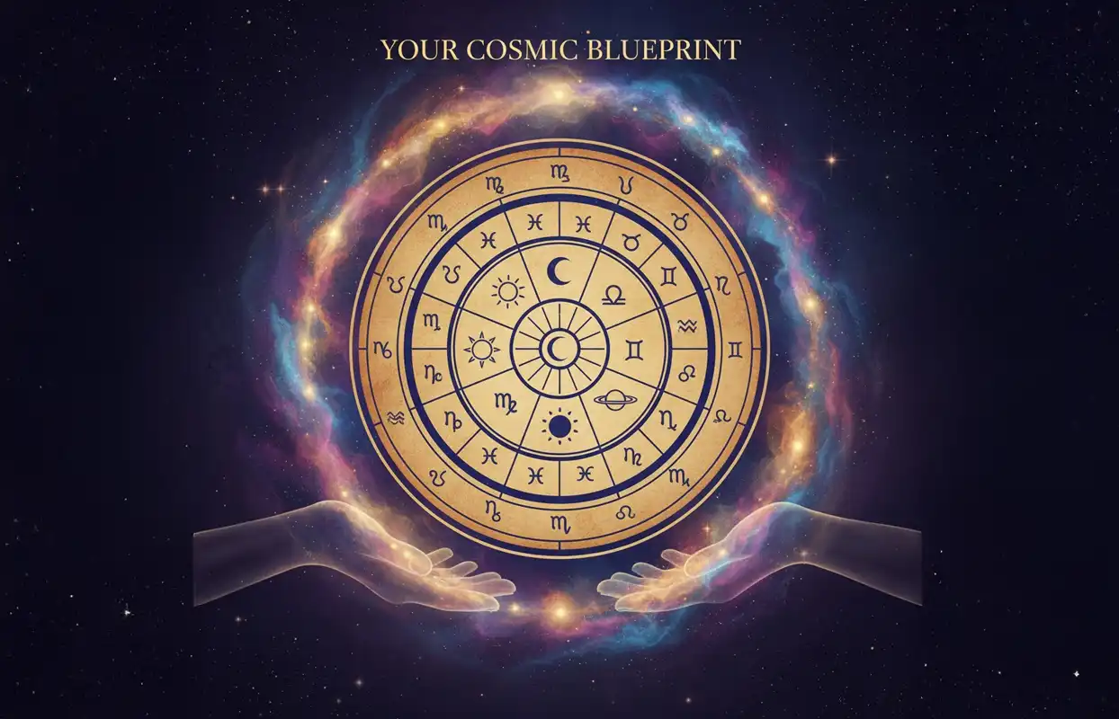 A circular Vedic birth chart, or Kundli, held in glowing hands against a cosmic nebula, representing a personal cosmic blueprint.
