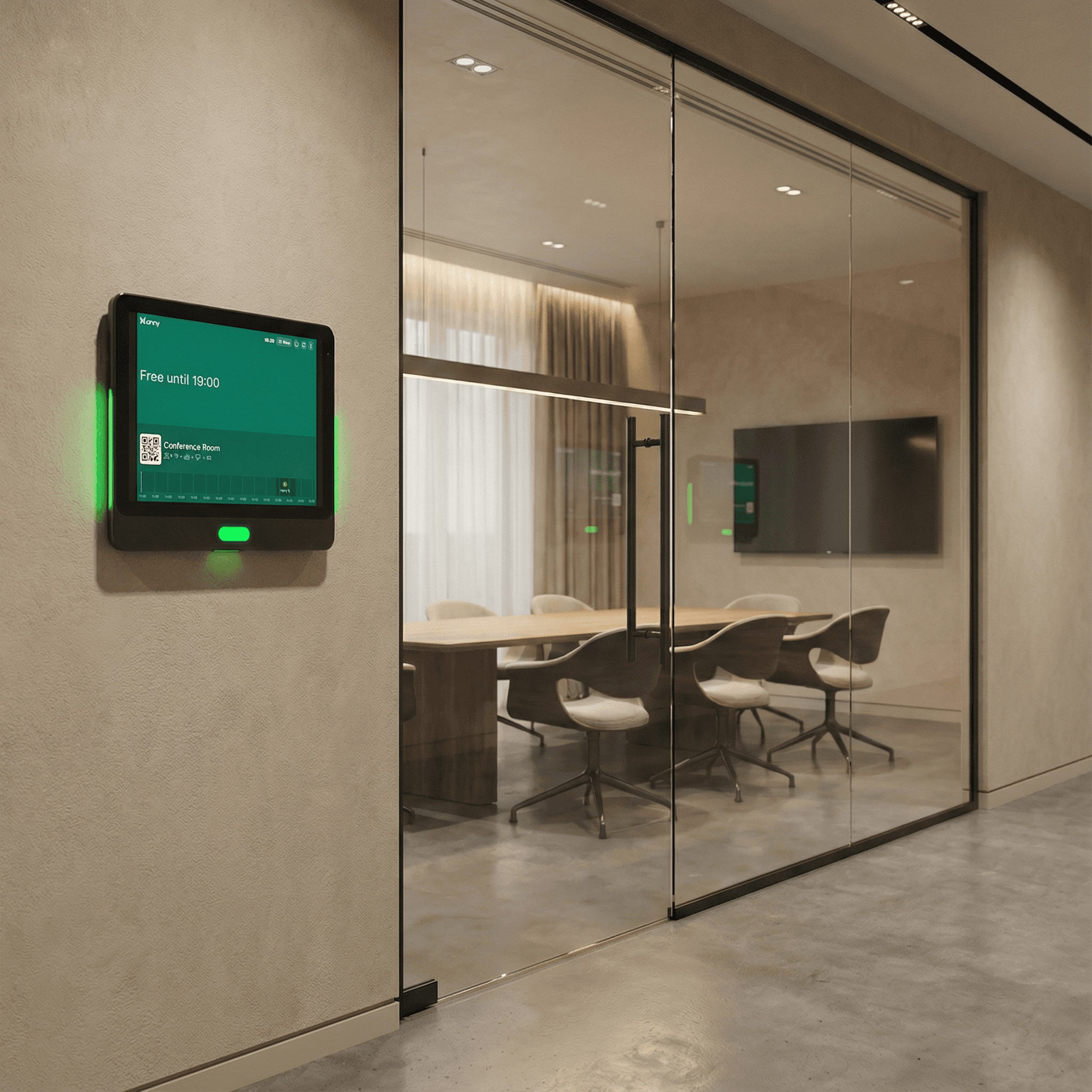 Qbic TD-1050 Pro als Raumdisplay am Meetingraum zeigt Verfügbarkeit im anny Buchungssystem als frei