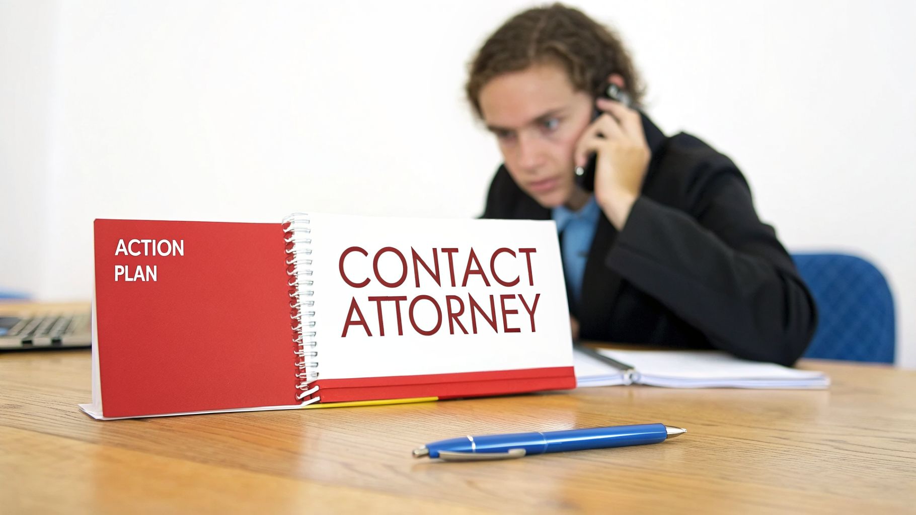 A desk calendar showing 'ACTION PLAN' and 'CONTACT ATTORNEY' with a person on the phone in the background, implying legal consultation.