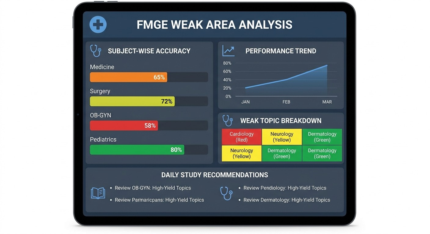 FMGE Performance Analytics Dashboard Showing Weak Areas
