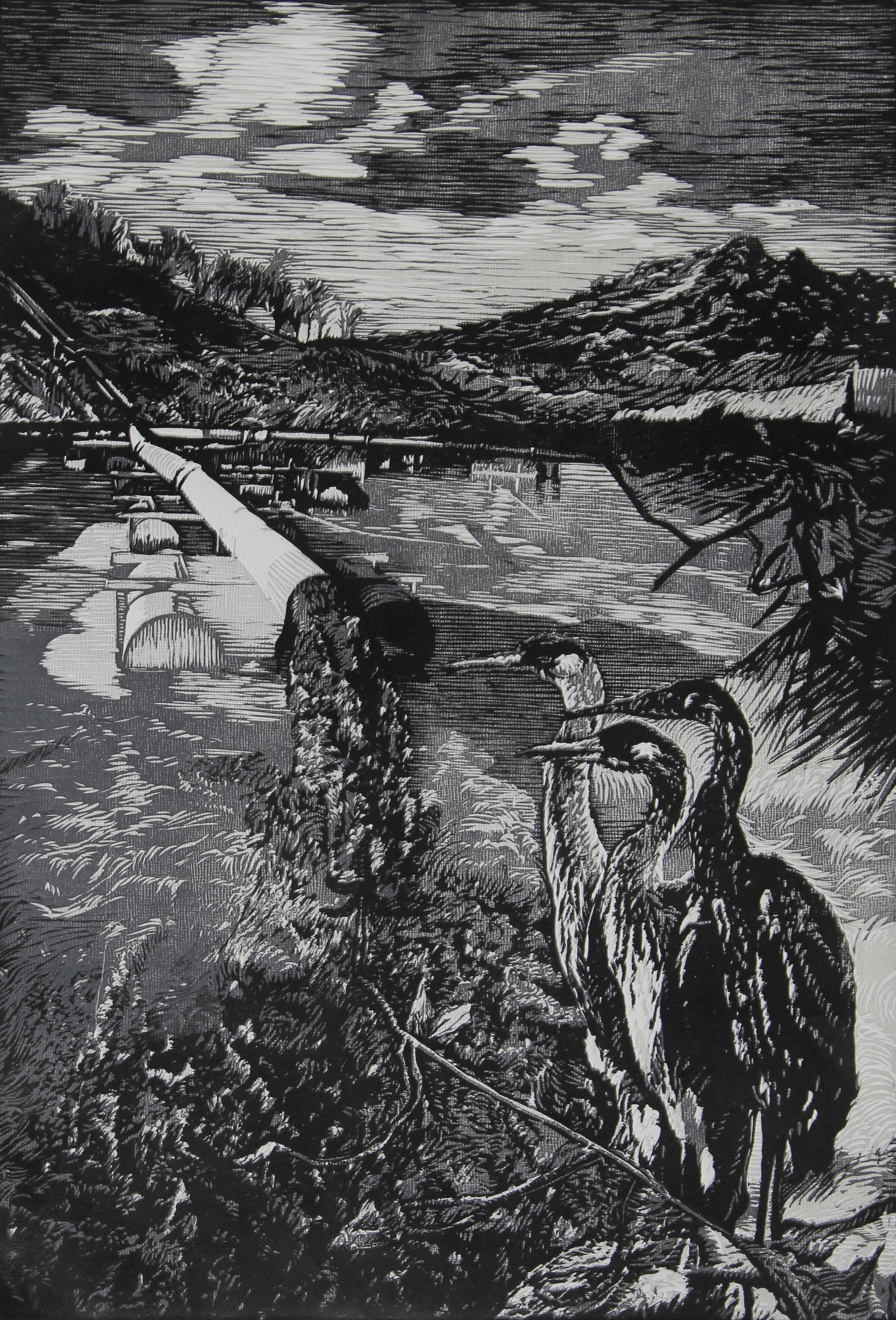 herd of sheep on road painting