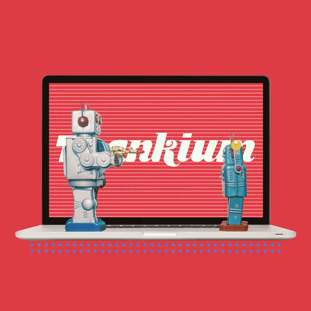 Robots retro frente a una pantalla de laptop thankium roja con texto de gratitud.